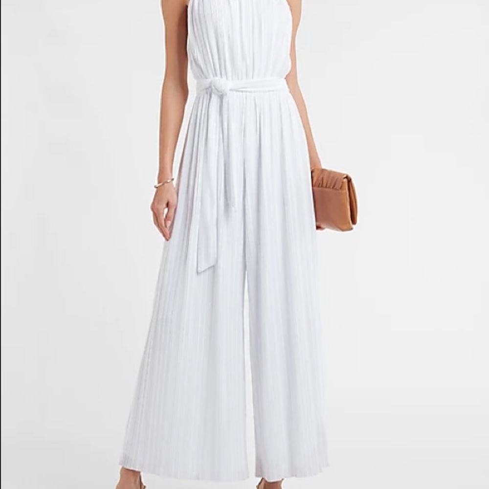 Express White Pleated Halter Culotte Jumpsuit - Small